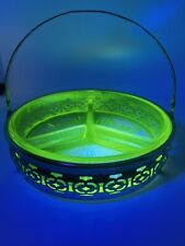 Uranium Glass Divided Green Relish/Candy Dish Chrome Holder With handle Vintage picture