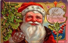 Antique Christmas Postcard Santa Old World Victorian Tree Big Face Vibrant Color picture