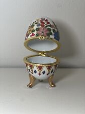 Vintage Porcelain Egg Trinket Box w Legs & Clasp Gold Trim Floral Hand Painted picture