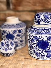 Vintage PAIR of chinese ginger Jar Urn Vase - Chinoiserie blue And White Floral picture