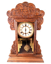 Antique 1800s WATERBURY Carved Oak Victorian Gingerbread Shelf Mantel Clock RUNS picture