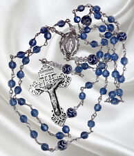 Unbreakable Handmade Catholic Rosary Czech Crystal Sapphire Pardon Crucifix picture