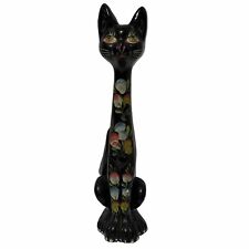 Vintage MCM Tall Long Neck Cat Statue Hand Painted Floral 13” picture