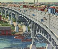 1957 Main Avenue Bridge Looking West Cleveland OH Vintage Linen Postcard Cars picture