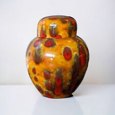 Vtg Drip Glaze Ceramic Ginger Jar Avocado Green Orange Vase Urn mid century Lid picture