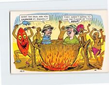 Postcard Two Man in Boiling Cauldron Cannibal Pitchfork Humor Comic Card picture