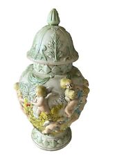 Vintage  French Style Cherub Vase Urn Blue ,Yellow & Pink Hand Painted 11” picture