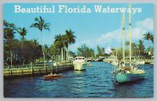 Florida~Beautiful Waterways~Sailboats & Yachts~Palm Lined Drive~Vintage PC picture