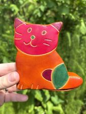 Vintage Leather Cat Coin Bank 90s - 4”x 4” picture