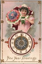 1910 Tuck's HAPPY NEW YEAR Embossed Postcard Little Girl Bouquet of Pink Roses picture