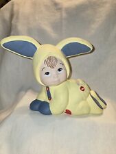 Vintage Ceramic Crawling Baby in Bunny Suit Easter Figurine Yellow & Blue, POPEE picture