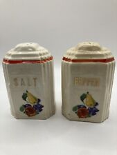 Vintage Cronin Art Deco Salt Pepper Shaker Set w Fruit & Gold Letters 4.5