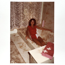 Snapshot of Tan Woman in Marble Bathtub 1980s Pink Curtain Towel & Bottle C3536 picture