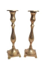Pair Etched Brass Candlestick Holders Vtg 10
