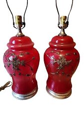 Vtg Ruby Red Glass Novelty Crystal Corp Ginger Jar Lamps Pair Metal Floral... picture