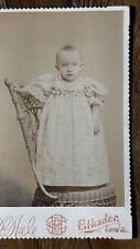 Toddler Girl Patterned Dress Standing in Wicker Chair 1880s Elkader Iowa IA  picture
