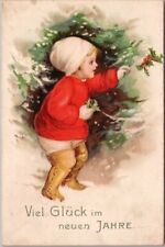 Vintage 1910s German HAPPY NEW YEAR Embossed Postcard Little Girl Picking Holly picture