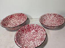 Lot Of 3 Red and White Splatter Enamelware Metal Bowls -  picture