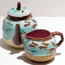 Antique Majolica Mini Tea Pot & Creamer Basketweave Handles & Cranes-In-Flight picture