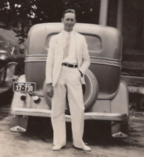 5P Photograph 3x4 Handsome Man White Suit Cool Old Car 1935 Iowa Portrait  picture