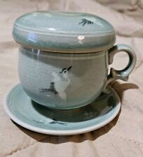 Vintage ~ Korean Celadon Soft Green Crackle Glaze Flying Crane Tea Cup NWOB picture