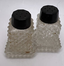 Vtg Retro Diamond Point Salt and Pepper Shakers Clear Black Tops with Tray 2