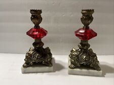 NOVELTY CRYSTAL CORP Pair Candle Holders Marble Brass RED Crystals Vintage picture