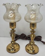 PAIR Vtg Swirl Glass Mantle Boudoir Table Brass Candle Lamp Mid-Century Lovely picture