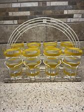 Vintage Set Of 8 Drinking Glasses With Wire Carrying Case, Yellow and White picture