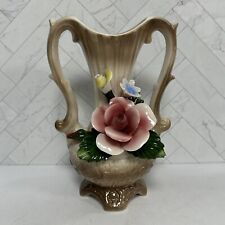 Vintage Nuova Capodimonte Double Handle Vase Pink Rose Read  picture