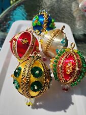 5 Vintage 1960s Handmade Push Pin Satin Christmas Ornaments Round  picture