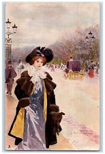 Artist Signed Postcard Pretty Woman Winter Suit Horse Carriage Tuck c1905 picture