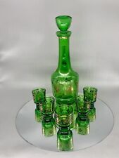 Jay Glass Italian Decanter Set Emerald Green Gold Foil MCM Vintage 1960s picture