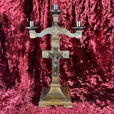 Antique Wooden Handmade Candelabra Crucifix Funeral Casket Plaque Jesus Cross picture
